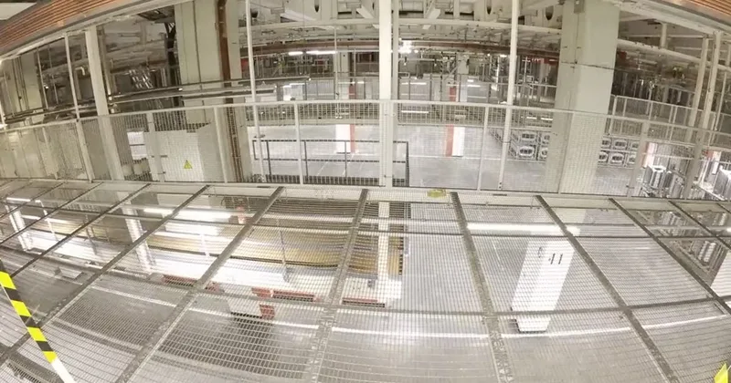 Stahlbühne und Deckenträger im Deckenraum einer Produktionshalle, aufgenommen von der Elios 3